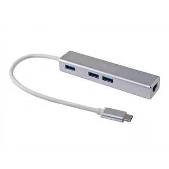 Equip USB-C naar 3-poorts USB 3.0 hub met Gigabit-adapter, USB 3.2 Gen 1 (3.1 Gen 1) Type-C, zilver, USB 3.2 Gen 1 (3.1 Gen 1) Type-A, WLAN, aluminium, 22 mm, 15 mm