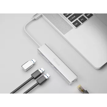 Equip USB-C naar 3-poorts USB 3.0 hub met Gigabit-adapter, USB 3.2 Gen 1 (3.1 Gen 1) Type-C, zilver, USB 3.2 Gen 1 (3.1 Gen 1) Type-A, WLAN, aluminium, 22 mm, 15 mm