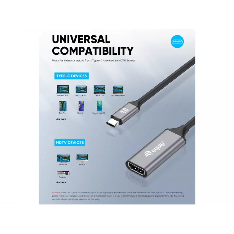Equip USB-C naar HDMI 2.0 adapter, 4K/60Hz, 0,15 m, USB Type-C, HDMI, stekker, bus, recht
