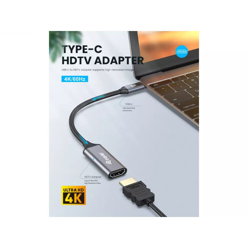 Equip USB-C naar HDMI 2.0 adapter, 4K/60Hz, 0,15 m, USB Type-C, HDMI, stekker, bus, recht