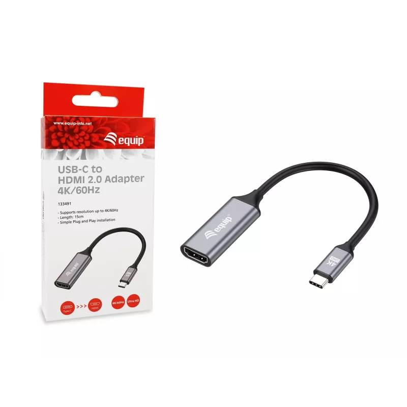 Equip USB-C naar HDMI 2.0 adapter, 4K/60Hz, 0,15 m, USB Type-C, HDMI, stekker, bus, recht