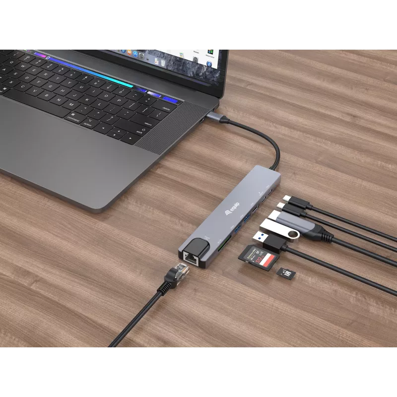 Equip USB-C 8-in-1 multifunctionele adapter, bedraad, USB Type-C, 100 W, 1000 Mbit/s, 1000BASE-T, IEEE 802.3ab