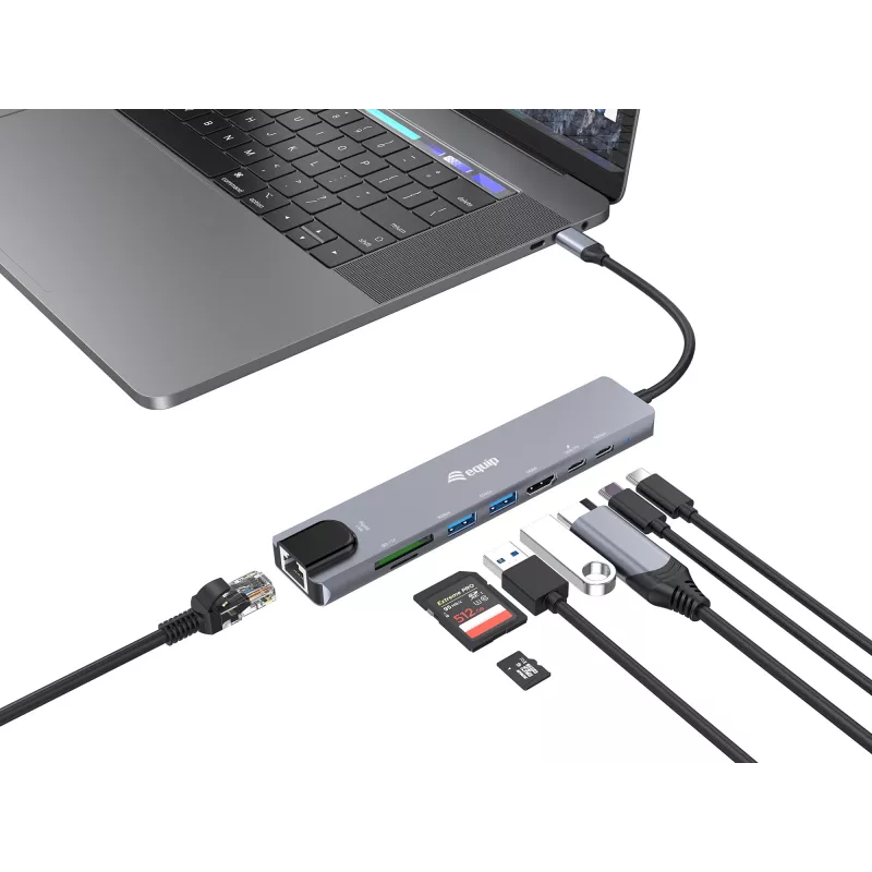 Equip USB-C 8-in-1 multifunctionele adapter, bedraad, USB Type-C, 100 W, 1000 Mbit/s, 1000BASE-T, IEEE 802.3ab
