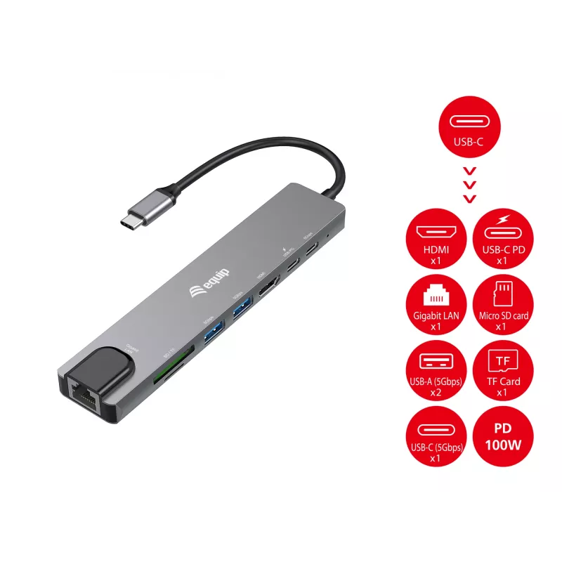Equip USB-C 8-in-1 multifunctionele adapter, bedraad, USB Type-C, 100 W, 1000 Mbit/s, 1000BASE-T, IEEE 802.3ab