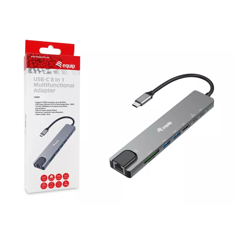 Equip USB-C 8-in-1 multifunctionele adapter, bedraad, USB Type-C, 100 W, 1000 Mbit/s, 1000BASE-T, IEEE 802.3ab