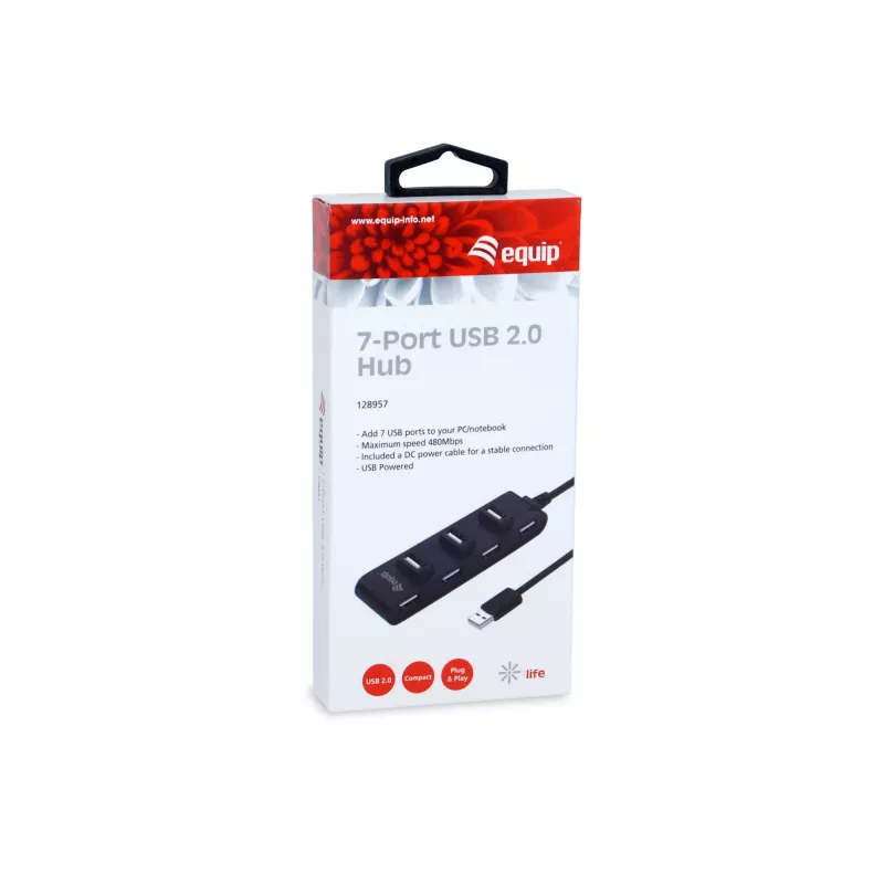 Equip 7-poorts USB 2.0 hub, USB 2.0, USB 2.0, 480 Mbit/s, zwart, China, CE, RoHS