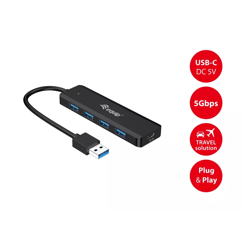 4-poorts USB 3.2 Gen 1 hub Equip met USB-C-adapter zwart 5000 Mbit/s