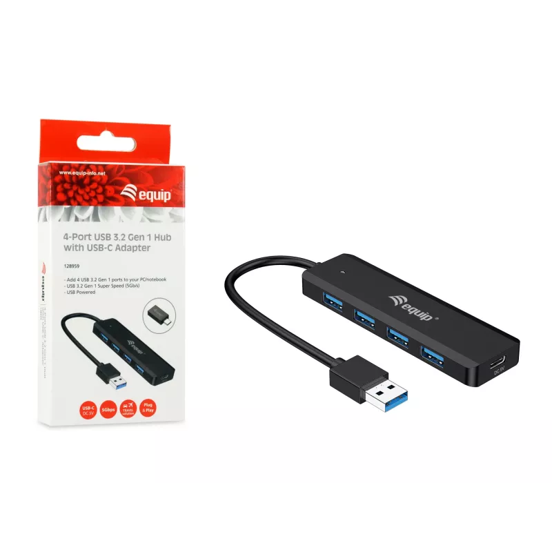 4-poorts USB 3.2 Gen 1 hub Equip met USB-C-adapter zwart 5000 Mbit/s