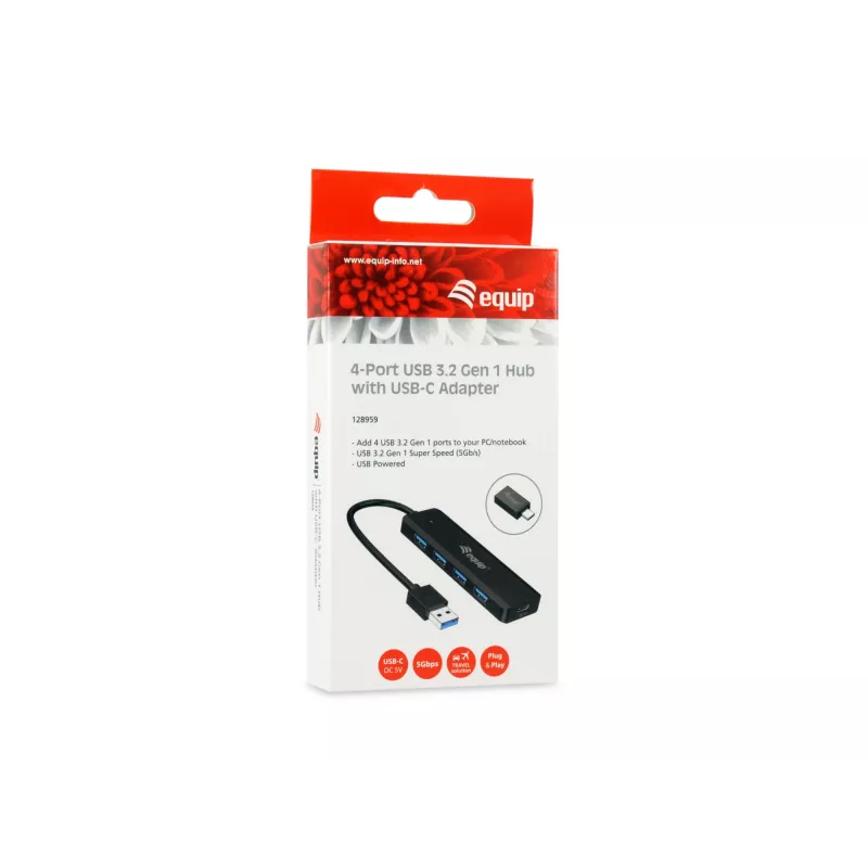 4-poorts USB 3.2 Gen 1 hub Equip met USB-C-adapter zwart 5000 Mbit/s