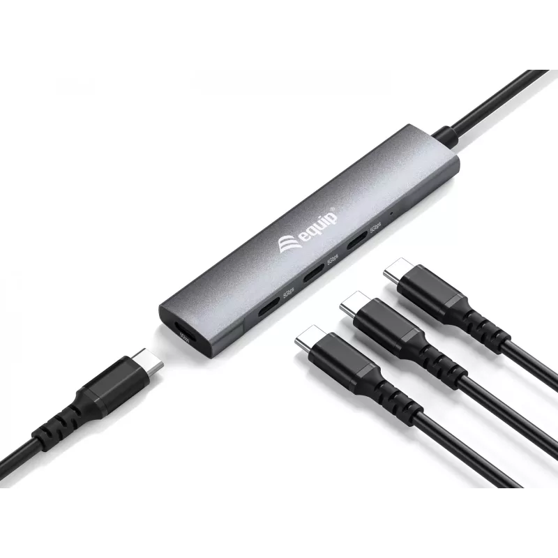 Equip 128963 USB-C 4-poorts USB 3.2 Gen 1 (3.1 Gen 1)-hub, 4x USB-C, 5 Gbit/s, aluminium, zonder voedingsadapter, zwart/zilver