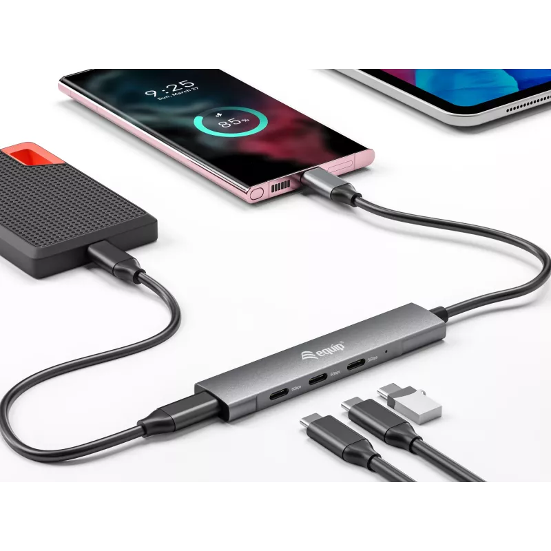 Equip 128963 USB-C 4-poorts USB 3.2 Gen 1 (3.1 Gen 1)-hub, 4x USB-C, 5 Gbit/s, aluminium, zonder voedingsadapter, zwart/zilver
