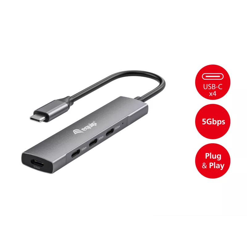 Equip 128963 USB-C 4-poorts USB 3.2 Gen 1 (3.1 Gen 1)-hub, 4x USB-C, 5 Gbit/s, aluminium, zonder voedingsadapter, zwart/zilver