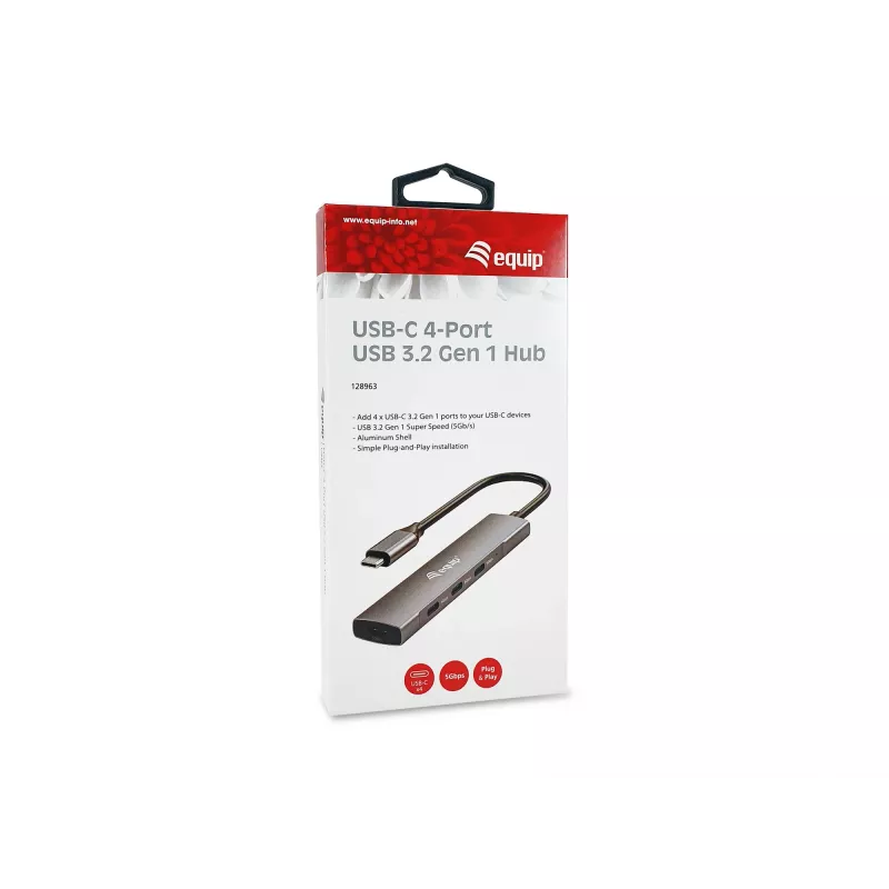 Equip 128963 USB-C 4-poorts USB 3.2 Gen 1 (3.1 Gen 1)-hub, 4x USB-C, 5 Gbit/s, aluminium, zonder voedingsadapter, zwart/zilver