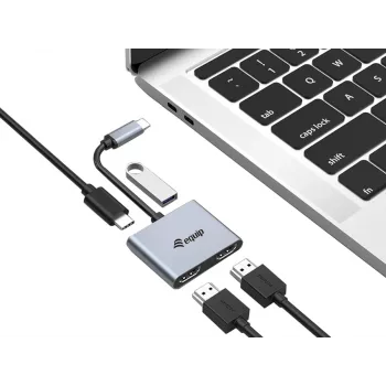 Equip USB-C 4-in-1 dual-HDMI-adapter, USB 3.2 Gen 1 (3.1 Gen 1) Type-C, zilver, 4K Ultra HD, 30 Hz, HDMI, aluminium