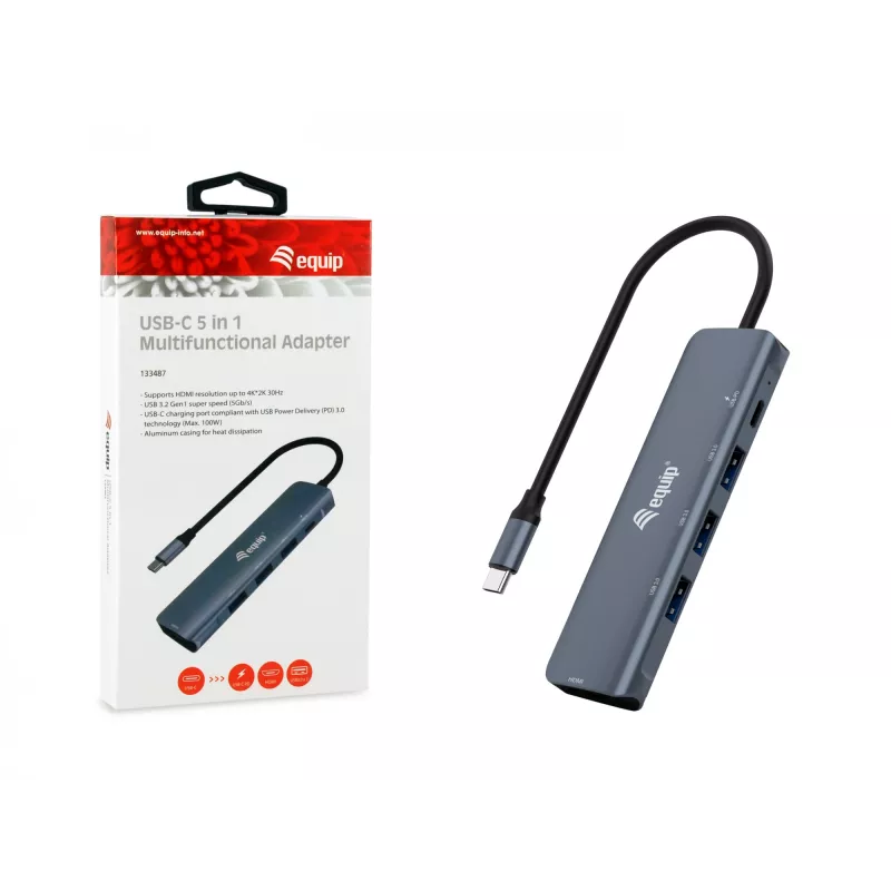 Equip USB-C 5-in-1 multifunctionele adapter, HDMI, USB 3.2 GEN1, 100W USB PD