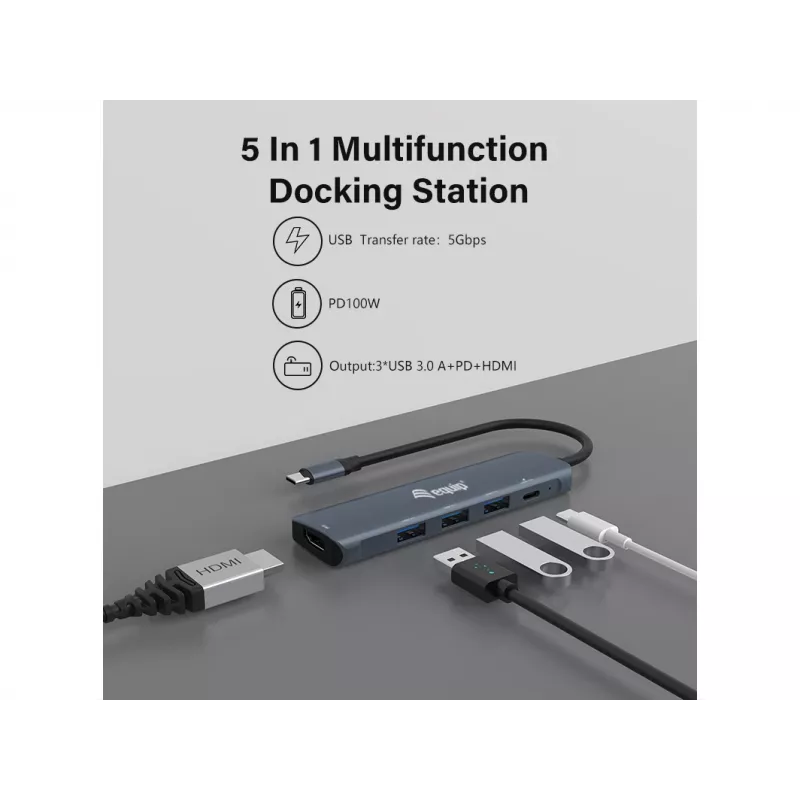 Equip USB-C 5-in-1 multifunctionele adapter, HDMI, USB 3.2 GEN1, 100W USB PD