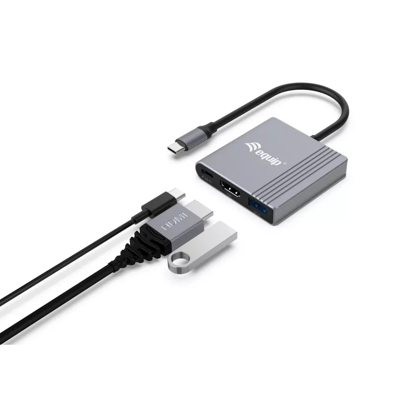 Equip 133488 3-in-1 USB-C naar HDMI / USB-A / USB PD-adapter, USB 3.2 Gen 1 (3.1 Gen 1), 4K/60 Hz, 100 W PD, aluminium, zwart/grijs