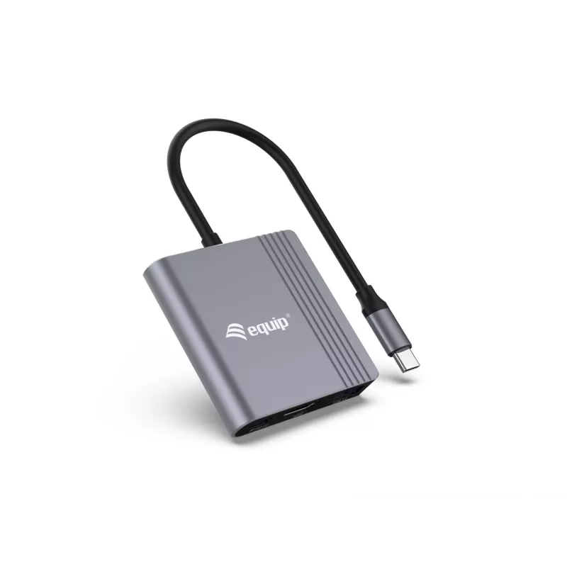 Equip 133488 3-in-1 USB-C naar HDMI / USB-A / USB PD-adapter, USB 3.2 Gen 1 (3.1 Gen 1), 4K/60 Hz, 100 W PD, aluminium, zwart/grijs