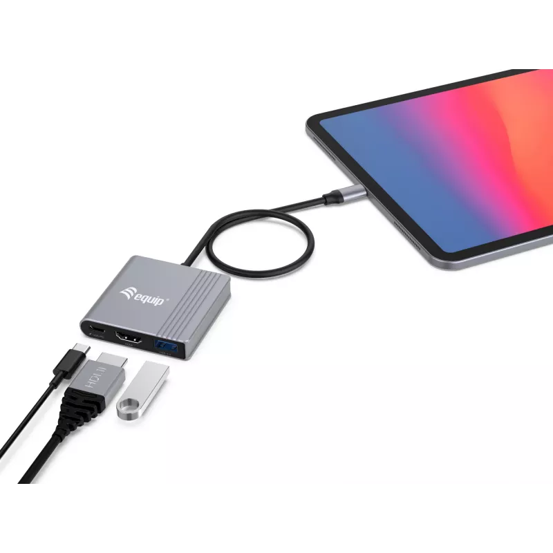 Equip 133488 3-in-1 USB-C naar HDMI / USB-A / USB PD-adapter, USB 3.2 Gen 1 (3.1 Gen 1), 4K/60 Hz, 100 W PD, aluminium, zwart/grijs