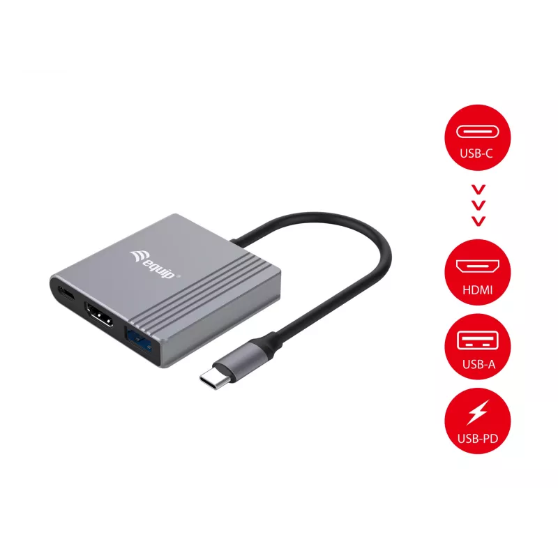 Equip 133488 3-in-1 USB-C naar HDMI / USB-A / USB PD-adapter, USB 3.2 Gen 1 (3.1 Gen 1), 4K/60 Hz, 100 W PD, aluminium, zwart/grijs