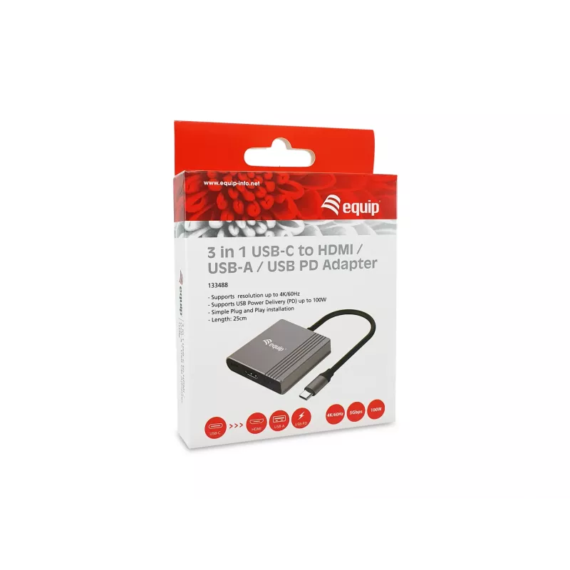 Equip 133488 3-in-1 USB-C naar HDMI / USB-A / USB PD-adapter, USB 3.2 Gen 1 (3.1 Gen 1), 4K/60 Hz, 100 W PD, aluminium, zwart/grijs