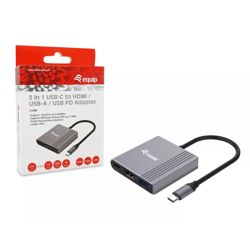 Equip 133488 3-in-1 USB-C naar HDMI / USB-A / USB PD-adapter, USB 3.2 Gen 1 (3.1 Gen 1), 4K/60 Hz, 100 W PD, aluminium, zwart/grijs