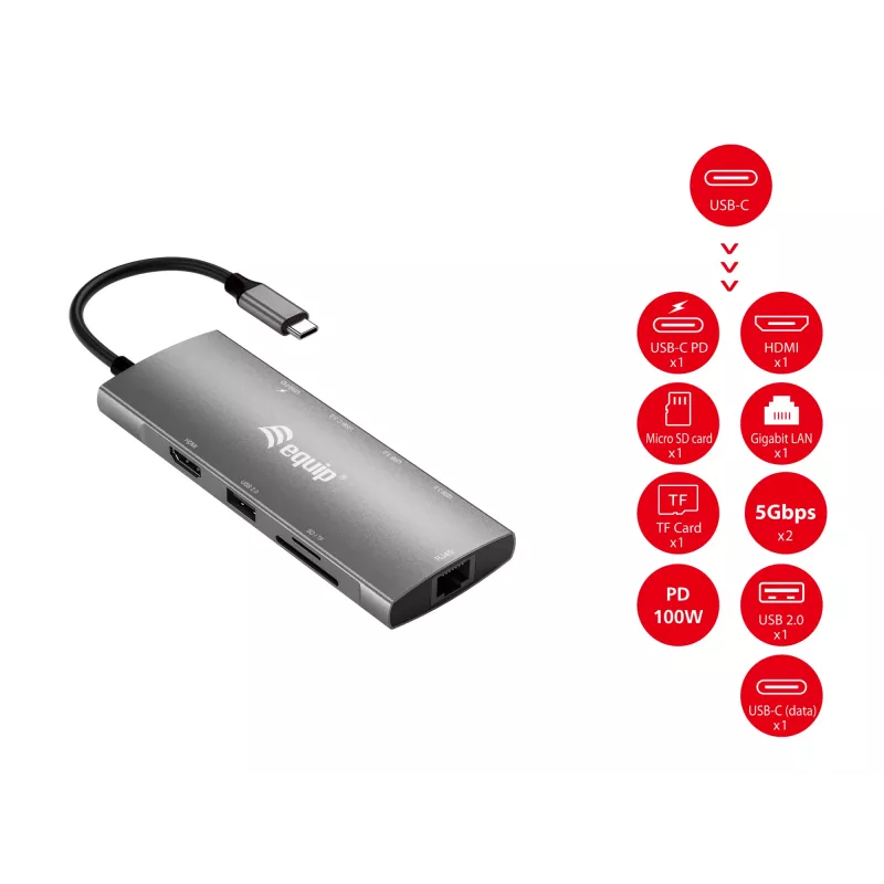 Equip USB-C 9-in-1 multifunctionele adapter, HDMI 4K/60Hz, Gigabit-LAN, USB 3.2 GEN1, SD/TF, 100W USB PD
