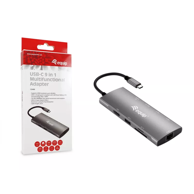 Equip USB-C 9-in-1 multifunctionele adapter, HDMI 4K/60Hz, Gigabit-LAN, USB 3.2 GEN1, SD/TF, 100W USB PD