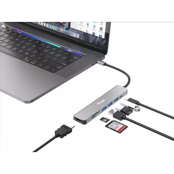 Equip USB-C 7-in-1 multifunctionele adapter, HDMI 4K/60Hz, USB 3.2 Gen1 x3, TF/Micro SD, 100W USB PD