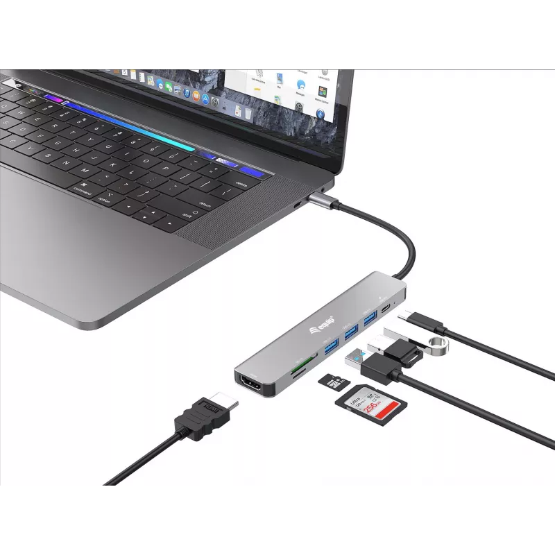 Equip USB-C 7-in-1 multifunctionele adapter, HDMI 4K/60Hz, USB 3.2 Gen1 x3, TF/Micro SD, 100W USB PD