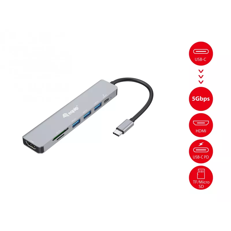 Equip USB-C 7-in-1 multifunctionele adapter, HDMI 4K/60Hz, USB 3.2 Gen1 x3, TF/Micro SD, 100W USB PD