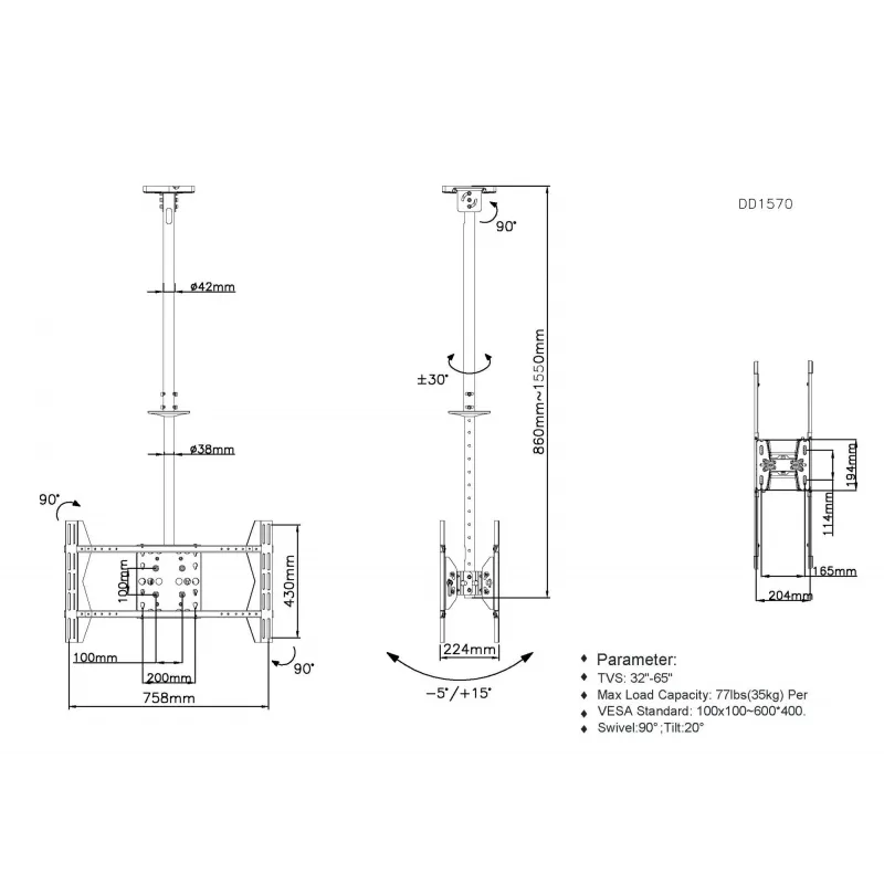 Equip 32 inch-65 inch plafondsteun voor twee beeldschermen