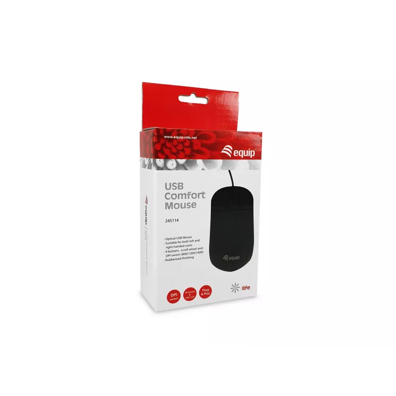 Equip USB Comfort muis, dubbelhandig, optisch, USB Type-A, 1600 DPI, zwart