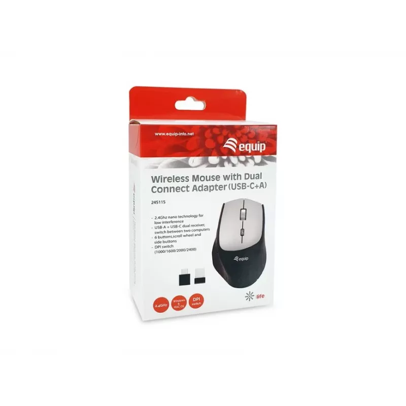 Equip 245115 draadloze muis met dual-connect-adapter (USB-C+A)