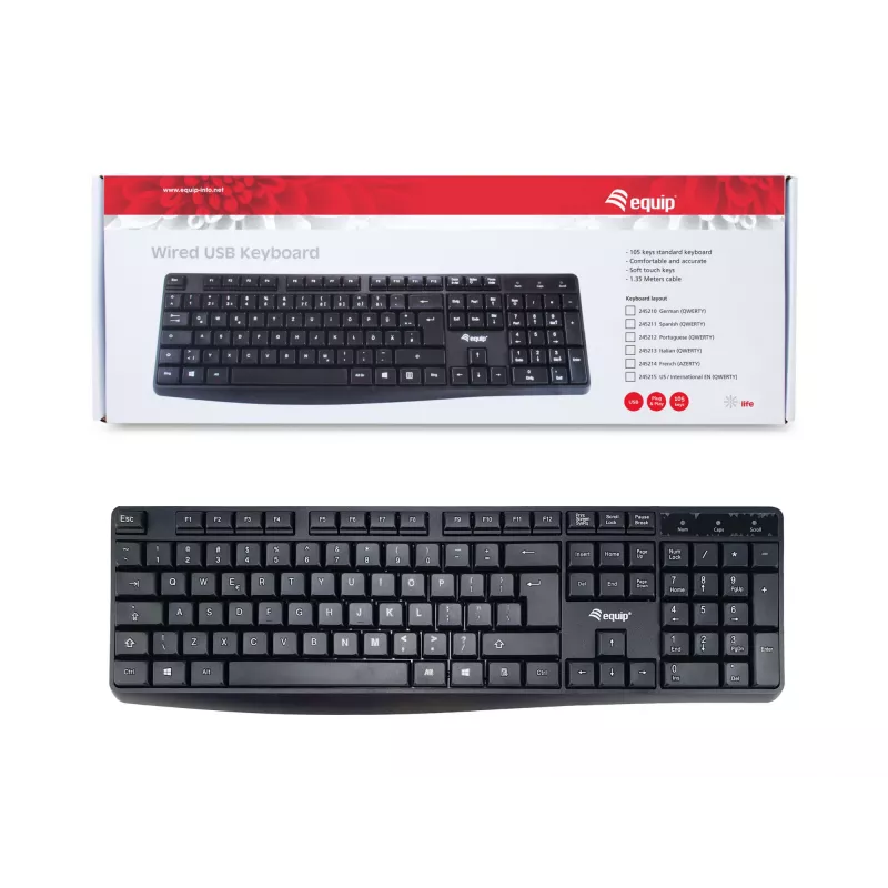 Equip bedraad USB-toetsenbord, US/internationale layout (QWERTY), full-size (100%), bedraad, USB, QWERTY, zwart