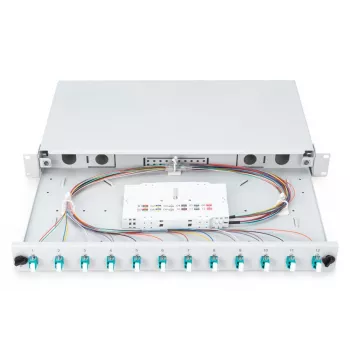 DIGITUS glasvezel-lasdoos, 1HE, uitgerust met 12x LC-duplex, incl. M25-schroeven, lascassette OM3, gekleurde pigtails, adapter