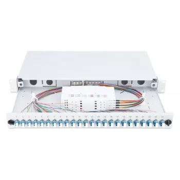 DIGITUS glasvezel sliding lasdoos, 1U, uitgerust met 24x LC-duplex, incl. M25-schroef, lascassette kleur-pigtails OM4, adapter