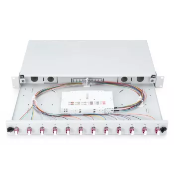 DIGITUS fiber optic sliding splice box, 1U, uitgerust met 12x LC duplex, incl. M25-schroef, lascassette gekleurde pigtails OM4, adapter