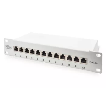 DIGITUS CAT6A patchpaneel, afgeschermd, 12-poorts labelveld, 1U, 10 inch rackmontage, grijs RAL 7035
