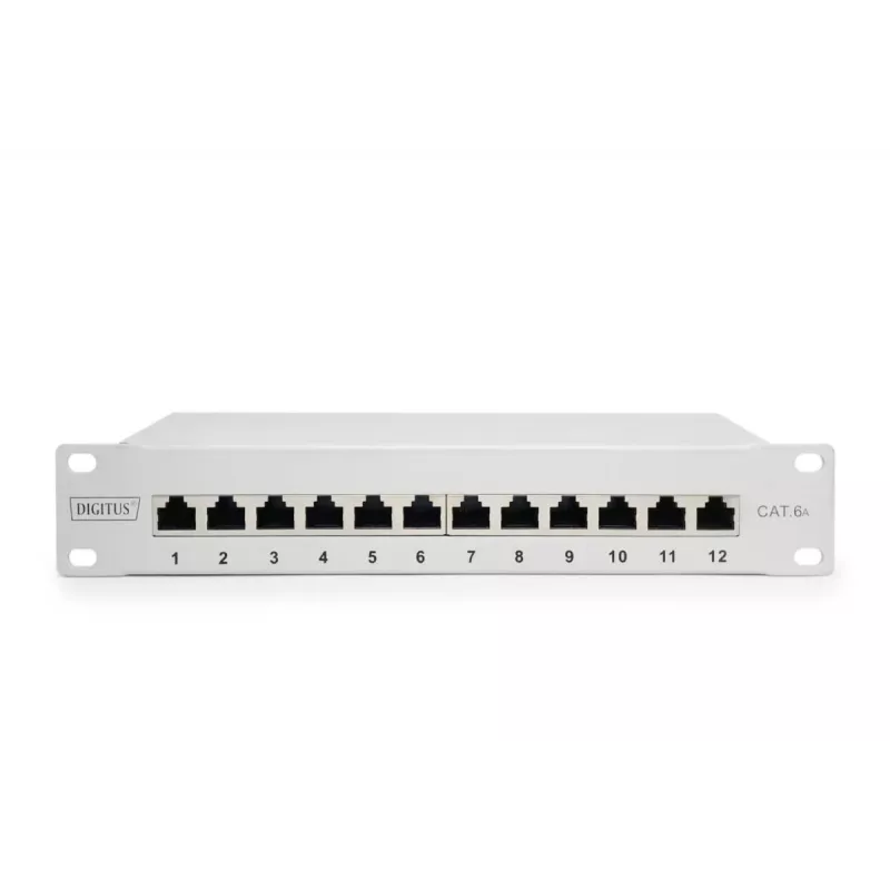 DIGITUS CAT6A patchpaneel, afgeschermd, 12-poorts labelveld, 1U, 10 inch rackmontage, grijs RAL 7035