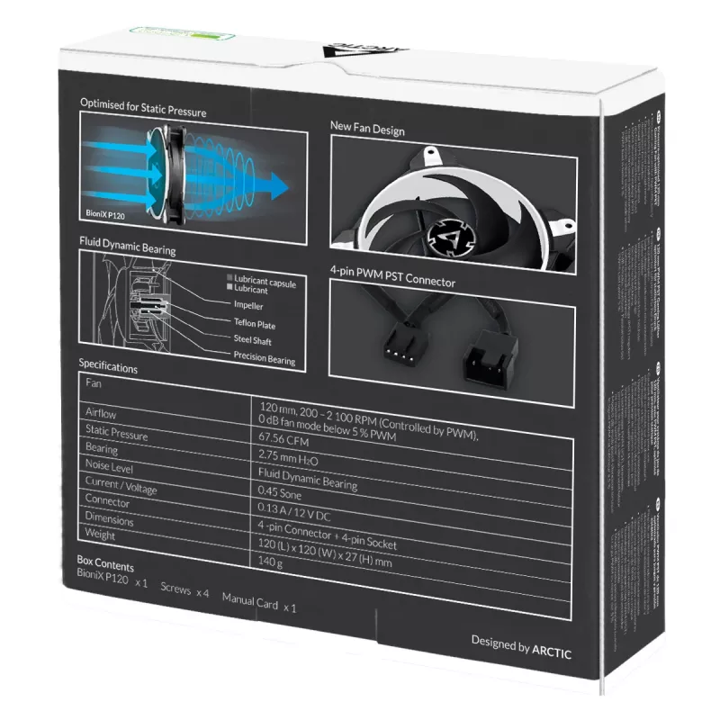 ARCTIC BioniX P120 (wit) – drukgeoptimaliseerde 120mm gamingventilator met PWM PST