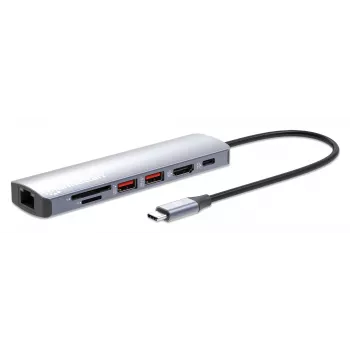 Manhattan USB-C Dock/Hub met kaartlezer, aansluitingen (x5): Ethernet, HDMI, USB-A (x2) en USB-C, met Power Delivery (PD) 100 W – vereist externe USB-C-oplader (niet meegeleverd). USB-gevoed (geen externe voeding nodig) wanneer PD niet wordt gebruikt