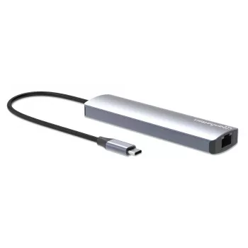 Manhattan USB-C Dock/Hub met kaartlezer, aansluitingen (x5): Ethernet, HDMI, USB-A (x2) en USB-C, met Power Delivery (PD) 100 W – vereist externe USB-C-oplader (niet meegeleverd). USB-gevoed (geen externe voeding nodig) wanneer PD niet wordt gebruikt