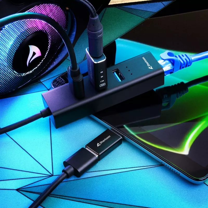 SHARKOON USB-hub - 3-poorts USB 3.2 Gen 1 aluminium + ethernet zwart