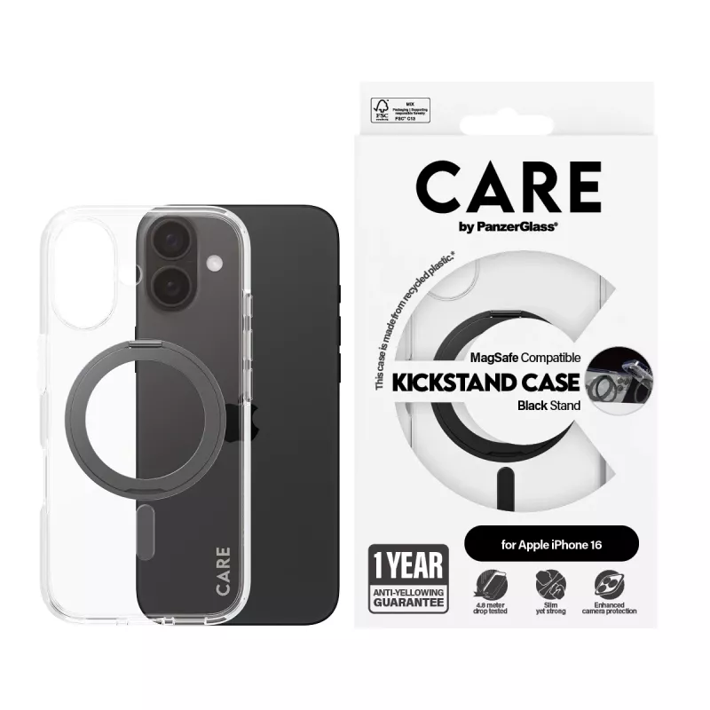 PanzerGlass CARE™ by ® hoesje transparant met zwarte kickstand & MagSafe iPhone 16