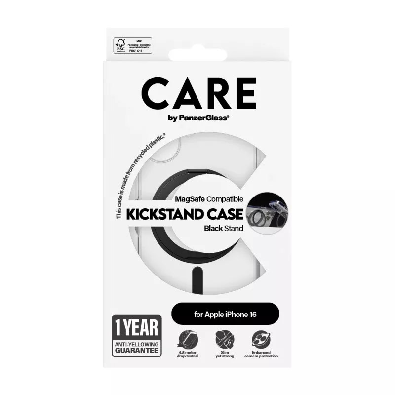 PanzerGlass CARE™ by ® hoesje transparant met zwarte kickstand & MagSafe iPhone 16
