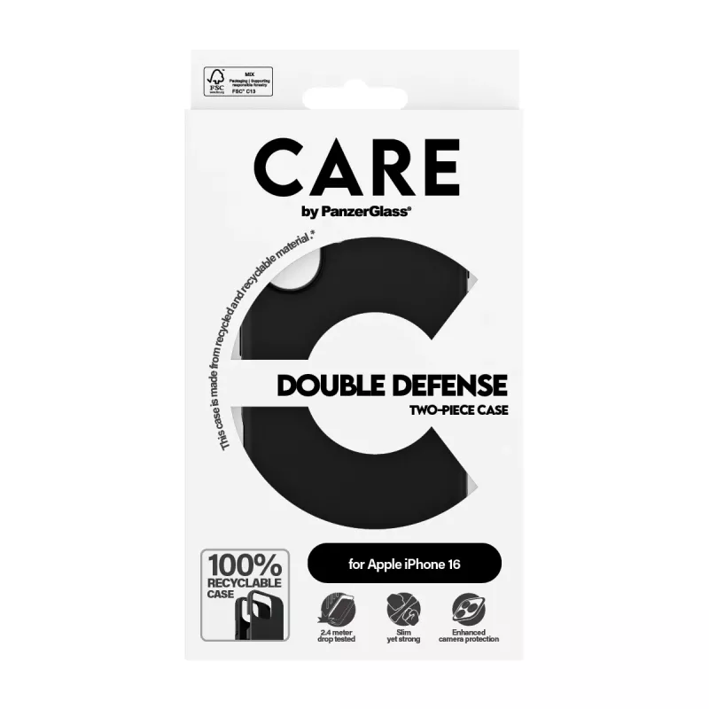 PanzerGlass CARE™ by ® Double Defense Case zwart iPhone 16, cover, Apple, Apple - iPhone 16, zwart