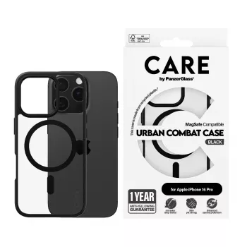 PanzerGlass CARE™ by ® Urban Combat Case transparant met zwarte rand & MagSafe iPhone 16 Pro