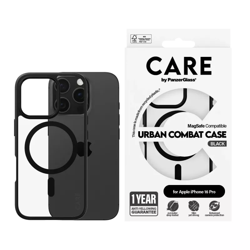 PanzerGlass CARE™ by ® Urban Combat Case transparant met zwarte rand & MagSafe iPhone 16 Pro