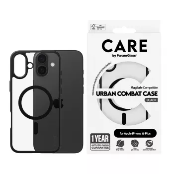 PanzerGlass CARE™ by ® Urban Combat Case transparant met zwarte rand & MagSafe voor iPhone 16 Plus